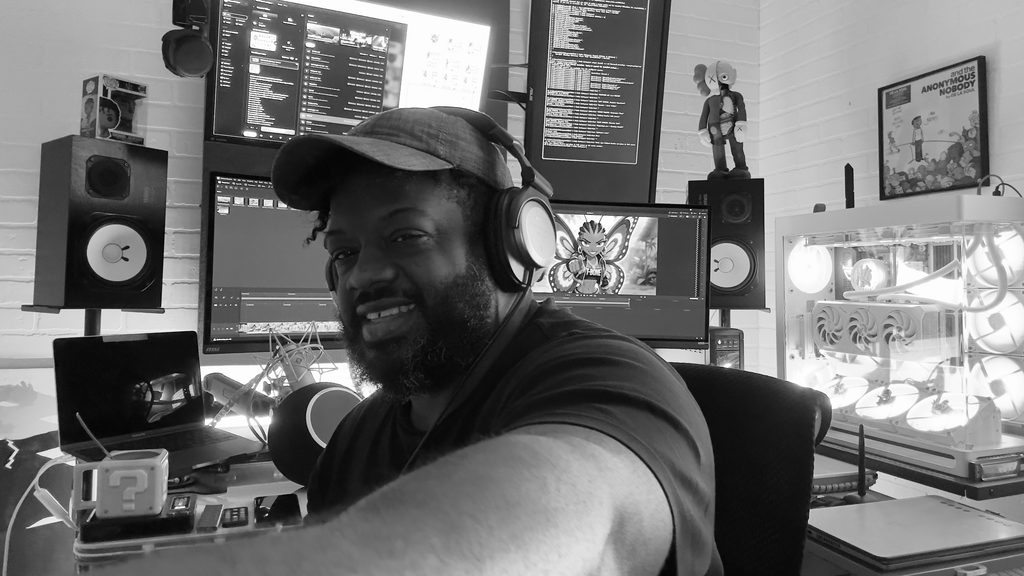 David K. Elliott, Founder & Creative Director of Think G Media, at his production rig inside Think G Media’s creative studio.